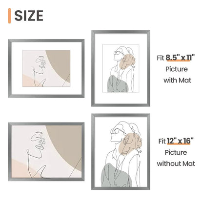 upsimples 12x16 Picture Frame, Display Pictures 8.5x11 with Mat or 12x16 Without Mat, Wall Hanging Photo Frame, Metallic Gray, 1 Pack