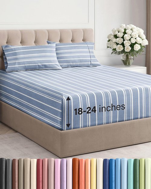 Extra Deep Twin XL Sheet Set - 4 Piece Breathable and Cooling Sheets - Hotel Luxury Bedding for Women, Men, Kids & Teens - Easy Secure Fit - Soft & Wrinkle Free with Extra Deep Pockets - Blue Stripes