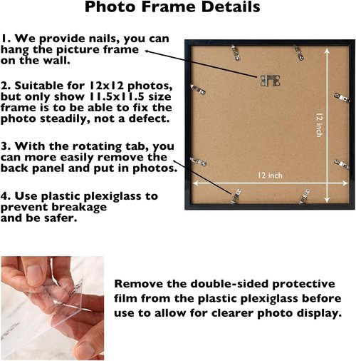 JCJMY 12x12 Inch Picture Frame - Versatile Horizontal & Vertical Wall Display | Shatter-Resistant Plexiglass, Black