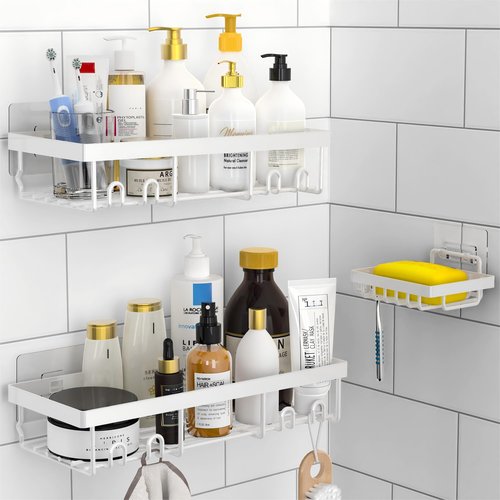 Moforoco 3-Pack Shower Caddy Basket Shelf with Soap Holder, No Drilling Traceless Adhesive Shower Wall Shelves, Rustproof White Bathroom Shower Storage Organizer