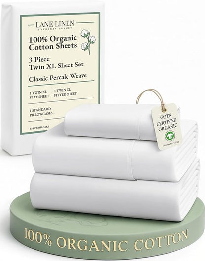 LANE LINEN 100% Organic Cotton Twin XL Sheets Set - Soft Percale 3-Piece Bedding in White, Fits Mattresses Up to 15" Deep