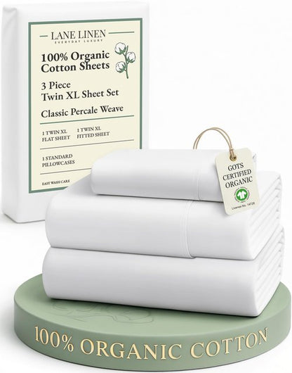 LANE LINEN 100% Organic Cotton White Twin XL Sheets Set 3-Piece Pure Percale Soft Bedding Breathable Fits Mattress Upto 15" Deep