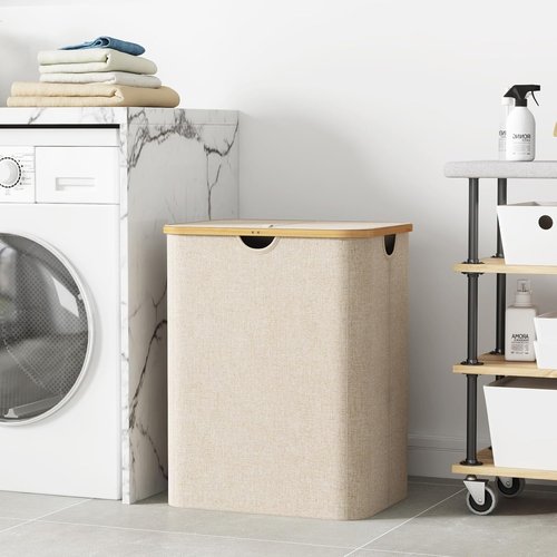 Lifewit 120L Laundry Basket - Foldable Hamper with Lid & Bamboo Handles | Beige, Large Capacity