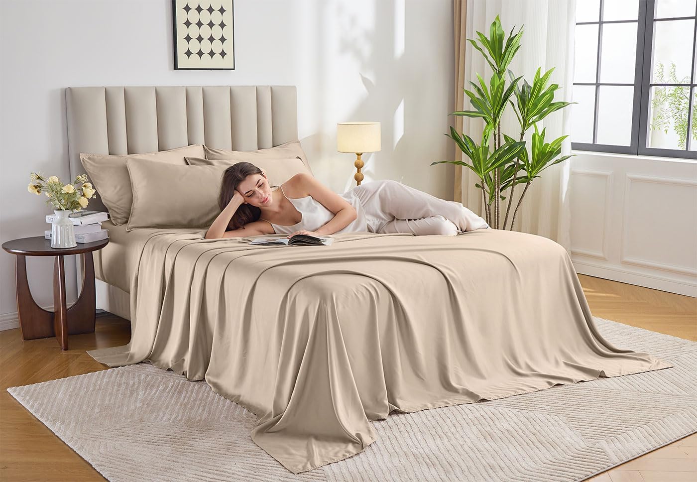 Pure Bamboo King Sheets - Luxuriously Soft & Cooling 100% Organic Viscose Bed Sheet Set | Almond Color, Double Stitching