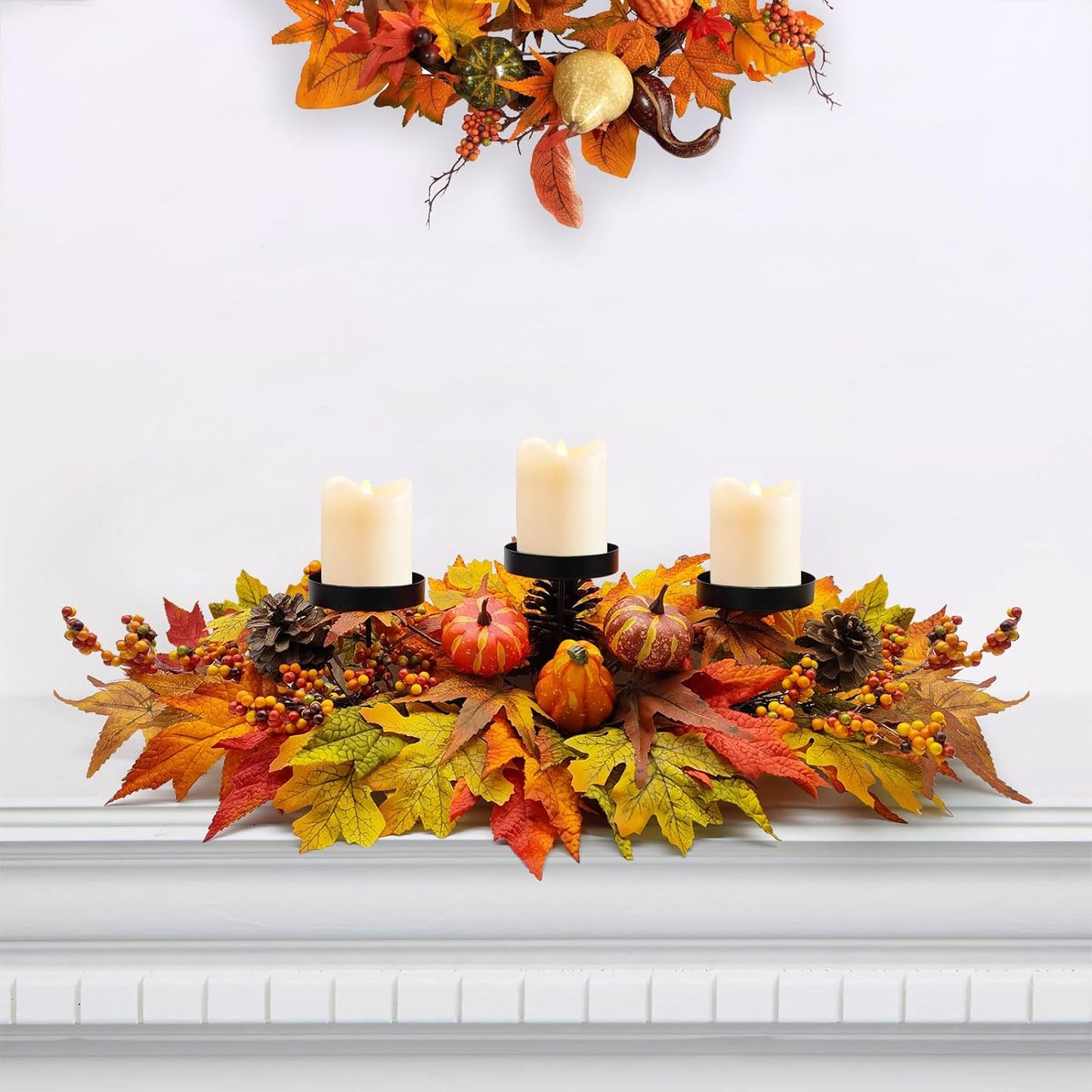 Thanksgiving Centerpiece - Artificial Gourd, Pumpkins, Pine Cones & Maple Leaves | Harvest Table Decor