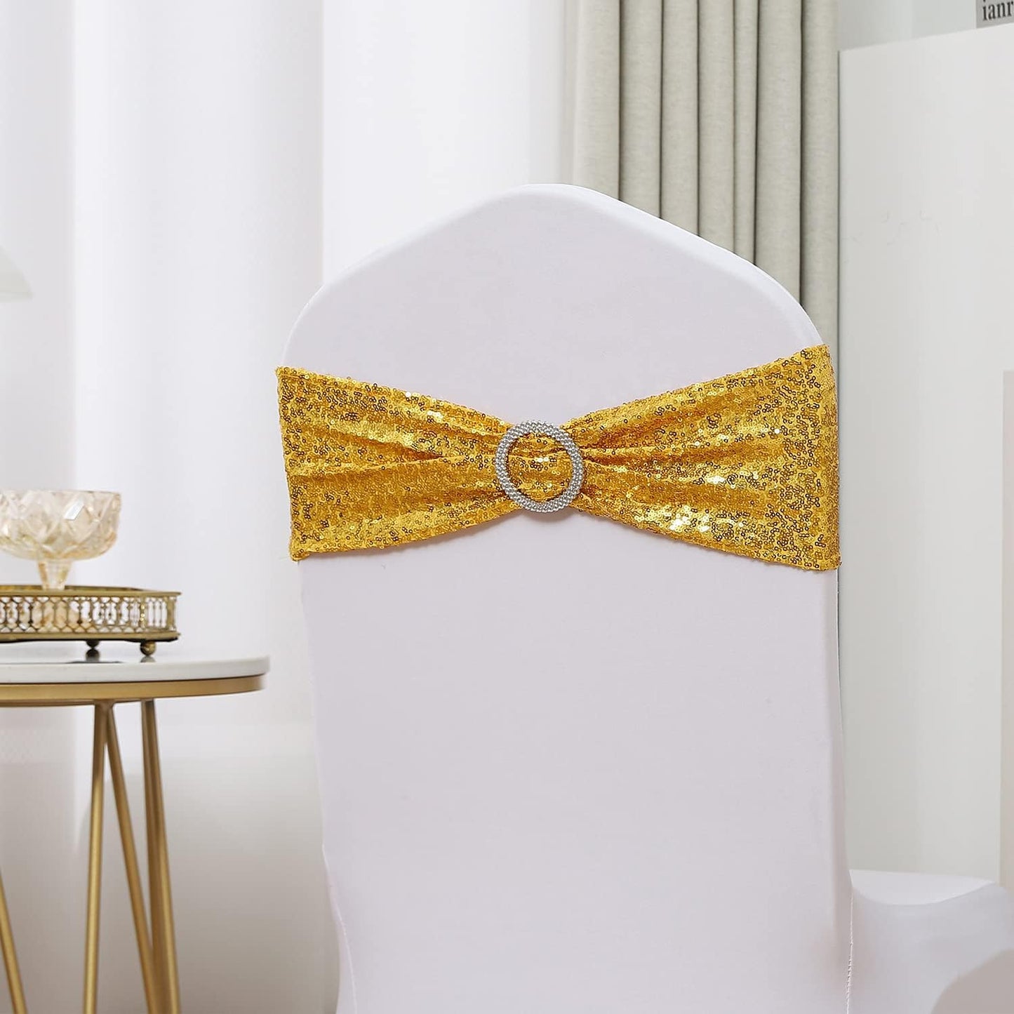 Sequin Gold Chair Sashes by Pack of 50 | Spandex Bands with Buckles for Weddings & Parties