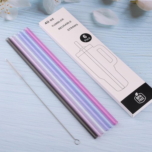 Joshey 12 Inch Tritan Replacement Straws - 6 Pack Reusable Straws with Cleaning Brush | Fits 30oz & 40oz Stanley Cups, BPA-Free (6 Colors)