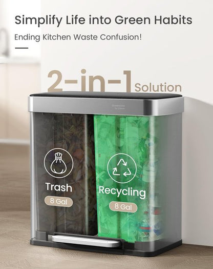 Cesun GreenGrin Kitchen Trash Can, 2x8 Gallon Dual Compartment Trash and Recycle Bin Combo, Double Stainless Steel Step Garbage Can with Lid,Recycling Push Flap,Removable Inner Buckets,30L+30L(Sliver)