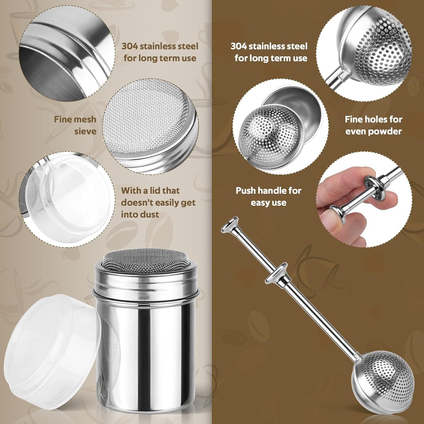Skiennix Powdered Sugar Shaker Set - Stainless Steel Duster with 16 Coffee Stencils for Baking & Coffee