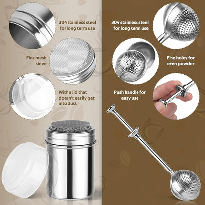 Skiennix Powdered Sugar Shaker Set - Stainless Steel Duster with 16 Coffee Stencils for Baking & Coffee