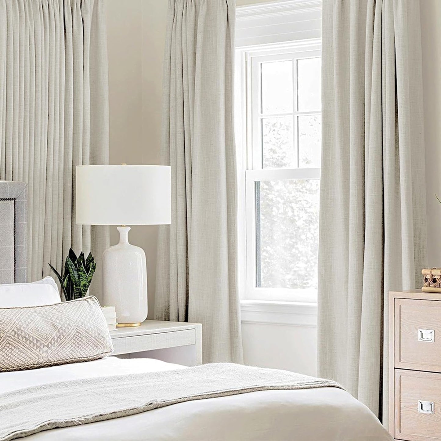 MIULEE Linen Texture Curtains - 100% Blackout Thermal Insulated Drapes | Light Cream, 52x45 Inch (2 Panels)