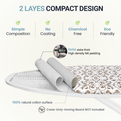 UniSimp Ironing Board Cover and Pad 18"x54" Extra Thick Natural Cotton, Scorch & Stain Resistant Iron Board Cover, Extra Large Iron Board Cover with Fasteners Heavy Duty Heatproof Elastic Edge Foliage