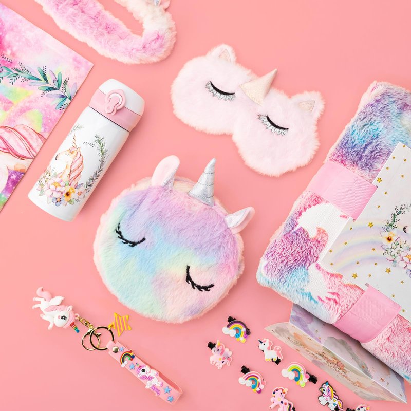 Runeaoys Unicorn Toys for Girls Age 4-6 Easter Basket Stuffers Girl 5 6 7 8 9 10 Year Old Birthday Gifts with Unicorn Blanket Water Bottle Crossbody Bag Eye Mask