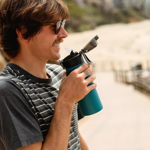 BJPKPK Stainless Steel Insulated Water Bottle - 14oz Reusable Thermal Flask with Straw Lid | Keeps Drinks Hot or Cold, Laguna