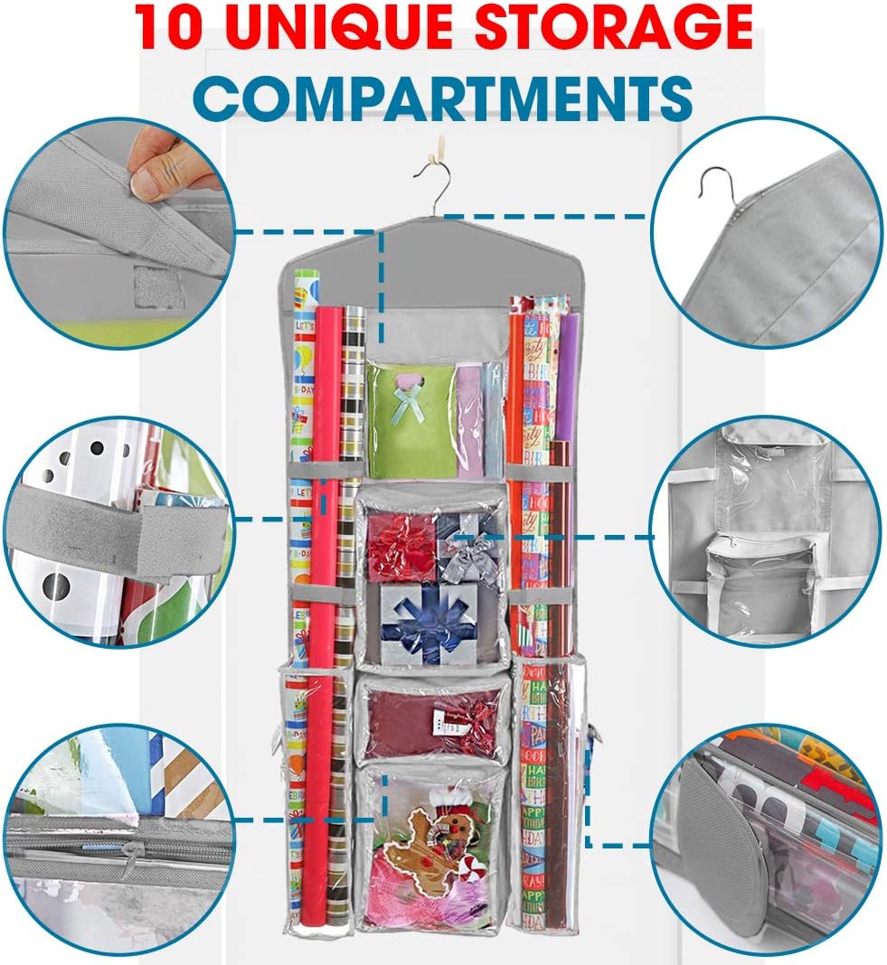 ProPik Christmas Wrapping Paper Storage Organizer - Double-Sided with Multiple Pockets, 40"X17" Clear PVC Bag (Grey)