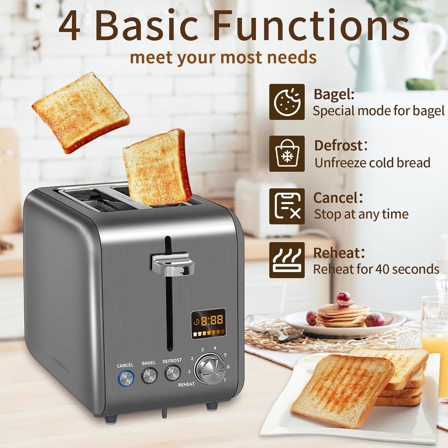 SEEDEEM 2-Slice Stainless Steel Toaster - LCD Display, 7 Shade Settings, 1.4'' Wide Slots, Dark Metallic Finish