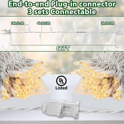 Clear Christmas Lights - 66FT Warm White Mini Lights with 200 Incandescent Bulbs | Indoor & Outdoor Holiday Decor