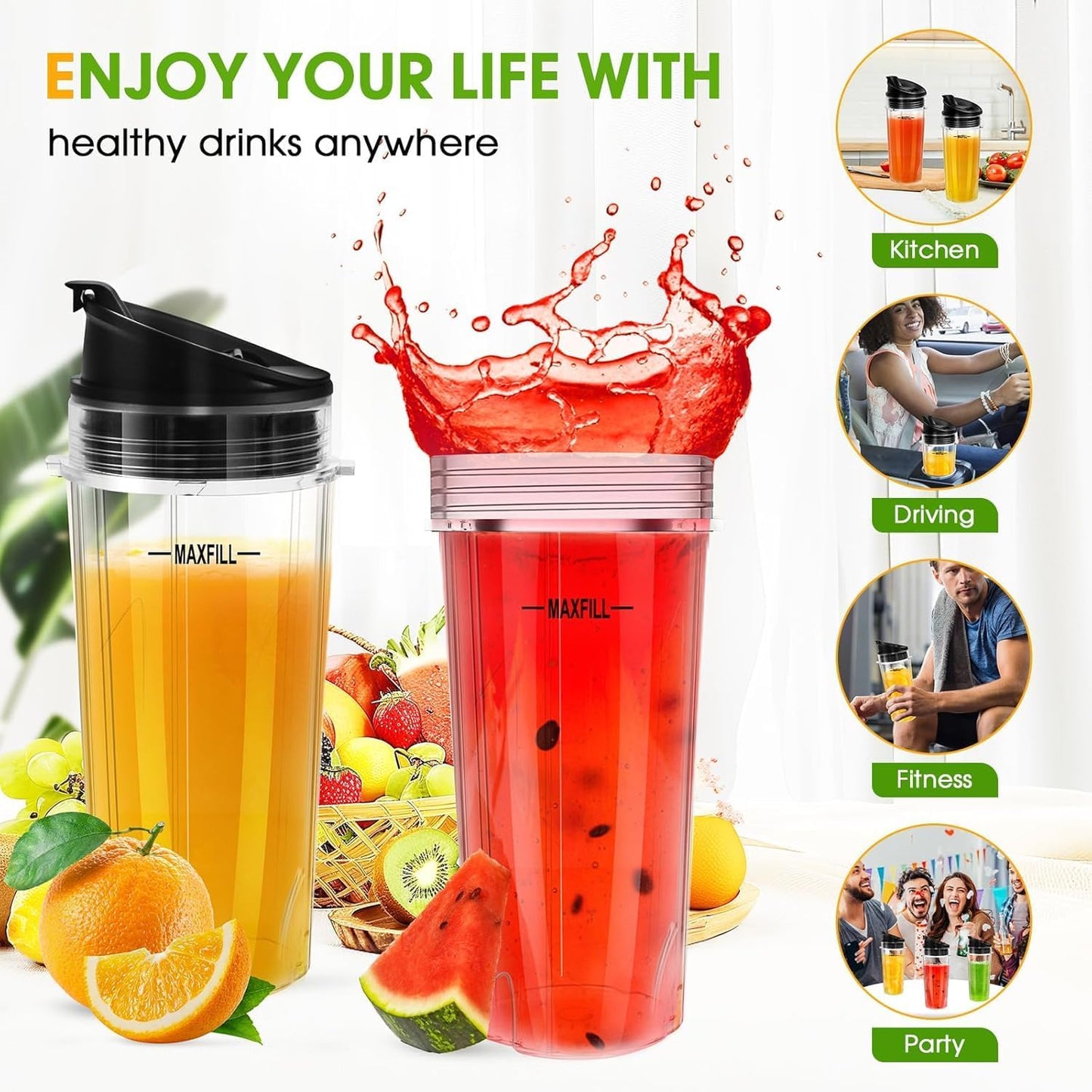 Ninja Blender Cups - 16oz Replacement Cups with Lids | 3-Pack Compatible with Ninja QB3001SS, BL770, BL780, BL660, BL740, BL810