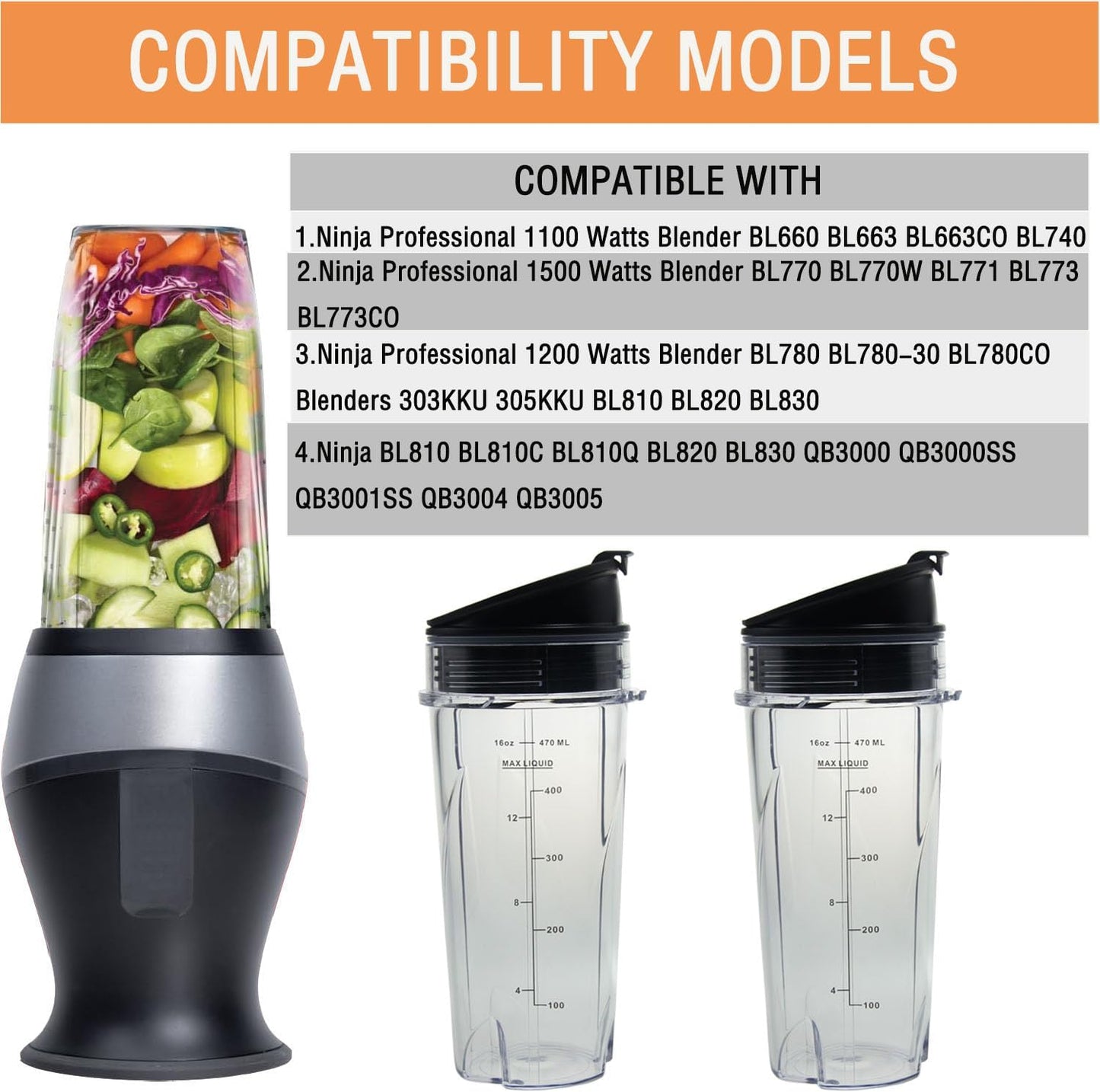 Ninja 16oz Replacement Cups - Compact Personal Blender Single Serve Cup Set | 2 Pack with Seal Lids