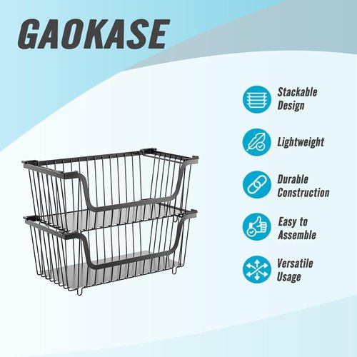 GAOKASE Stackable Wire Baskets - Versatile Kitchen Storage for Fruits & Vegetables | Black, 4 Pcs