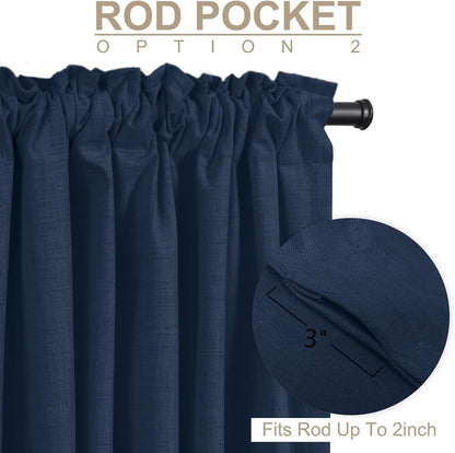 Skiennix 100% Blackout Linen Curtains - Thermal Insulated Drapes, 50" W x 108" L, Midnight Blue, 2 Panels Set