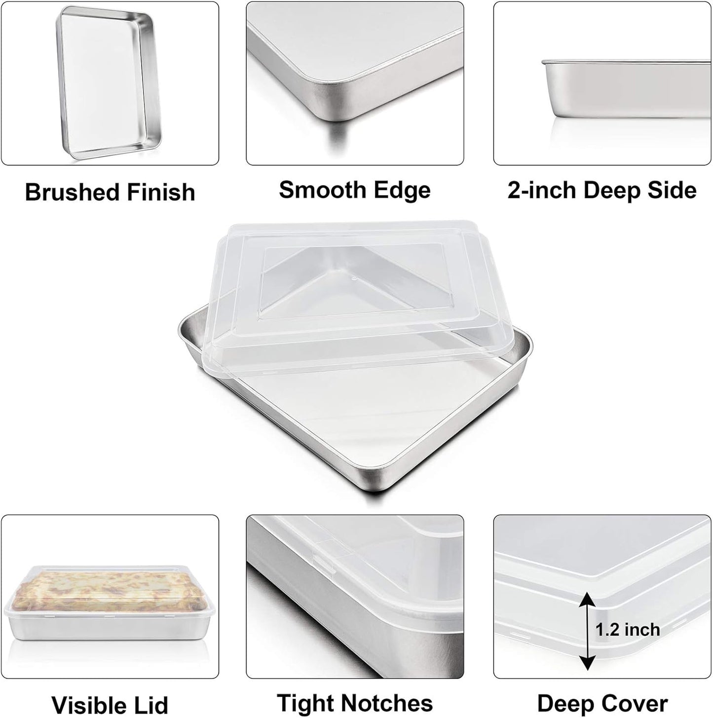 P&P CHEF Stainless Steel Baking Pan Set - Heavy-Duty Rectangular Bakeware with Lid | 12.3-Inch, 2-Piece