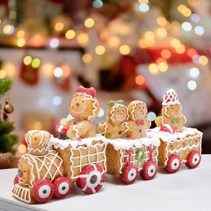 Hodao Christmas Gingerbread Man Train Figurine - Handmade Polyresin Winter Decor | 9.25” Length