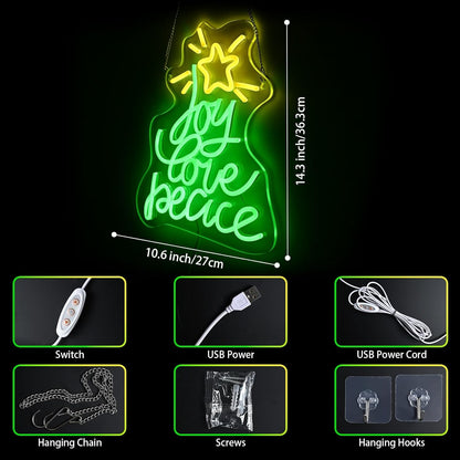 Neon Sign by Christmas Tree - USB Powered LED Wall Decor | Peace, Love, Joy Design for Holiday Parties