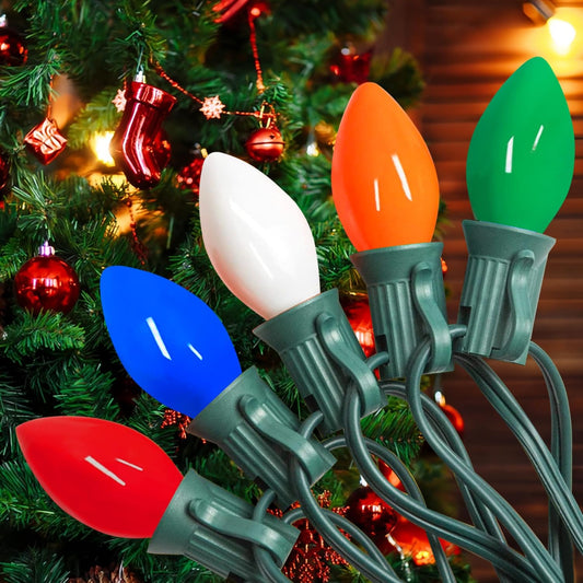 C7 Vintage Christmas Lights - Multicolor Outdoor String Lights for Tree & Patio | 25FT Green Wire