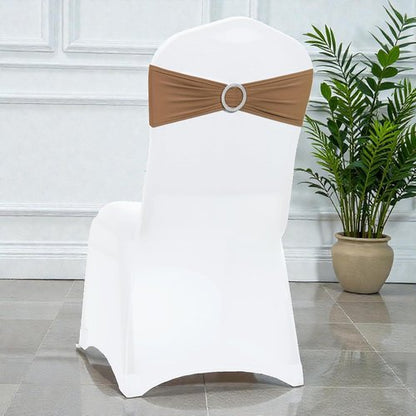 MDS Spandex Chair Sashes - 125 Pack of Elastic Stretch Bows with Buckle Slider for Wedding Decor - Mocha