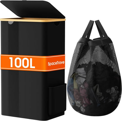SpaceTrove Laundry Basket Clothes Hamper with Lid and Removable Bag Large Collapsible Laundry Baskets with Handle, Freestanding Hampers for Bedroom Aesthetic, Dorm, Bathroom, Laundry Room 100L (Black)