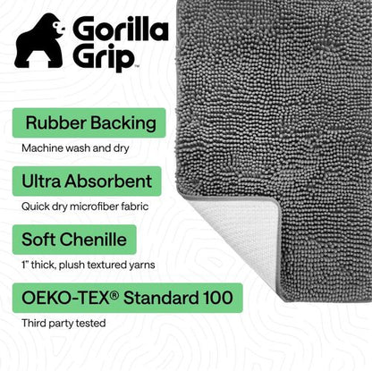 GORILLA GRIP Bath Rug Mat - Thick Soft Absorbent Chenille | Quick-Dry Microfiber, 54x24, Grey