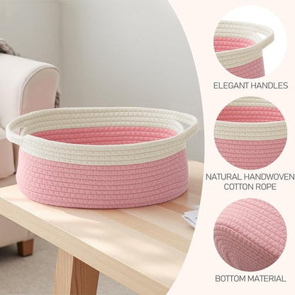 JMvicyroam Woven Basket - Small Rope Storage Bin with Handles | Versatile Organizer for Shelves & Closets - White & Pink (2 Pack)