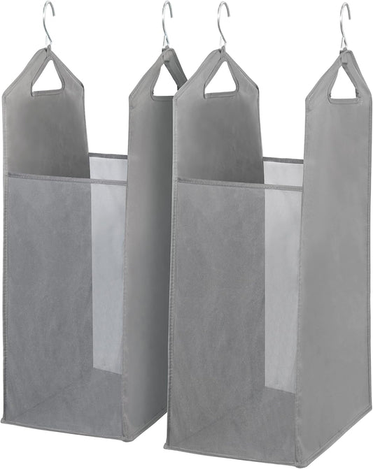 Storage Maniac 2-Pack Hanging Laundry Hamper - Slim Double Organizer with See-Through Mesh Bag | Grey