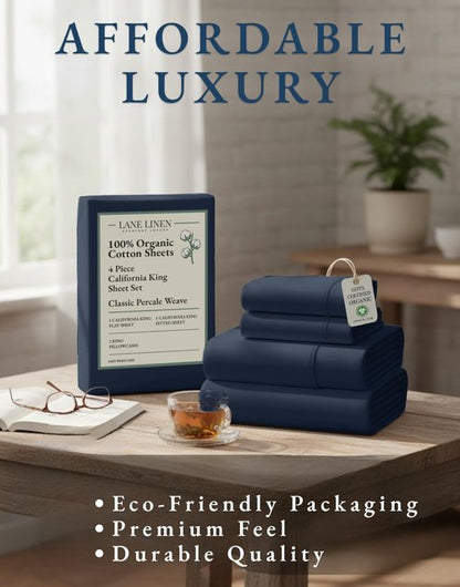 LANE LINEN 100% Organic Cotton California King Bed Sheets, 4-Piece Pure Percale Sheets Soft Breathable Cotton Bed Sheets, Deep Cal King Sheets for Thick Mattress - Navy