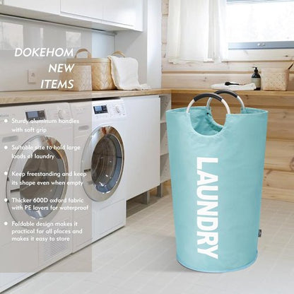 DOKEHOM Large Collapsible Laundry Basket - 95L Freestanding Hamper in Light Blue