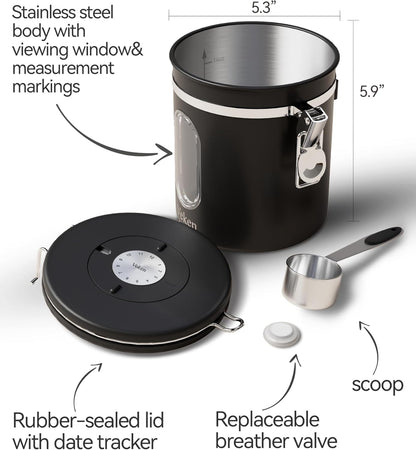Veken Coffee Canister - Airtight Stainless Steel Storage Container with Window & Date Tracker | 16oz, Black