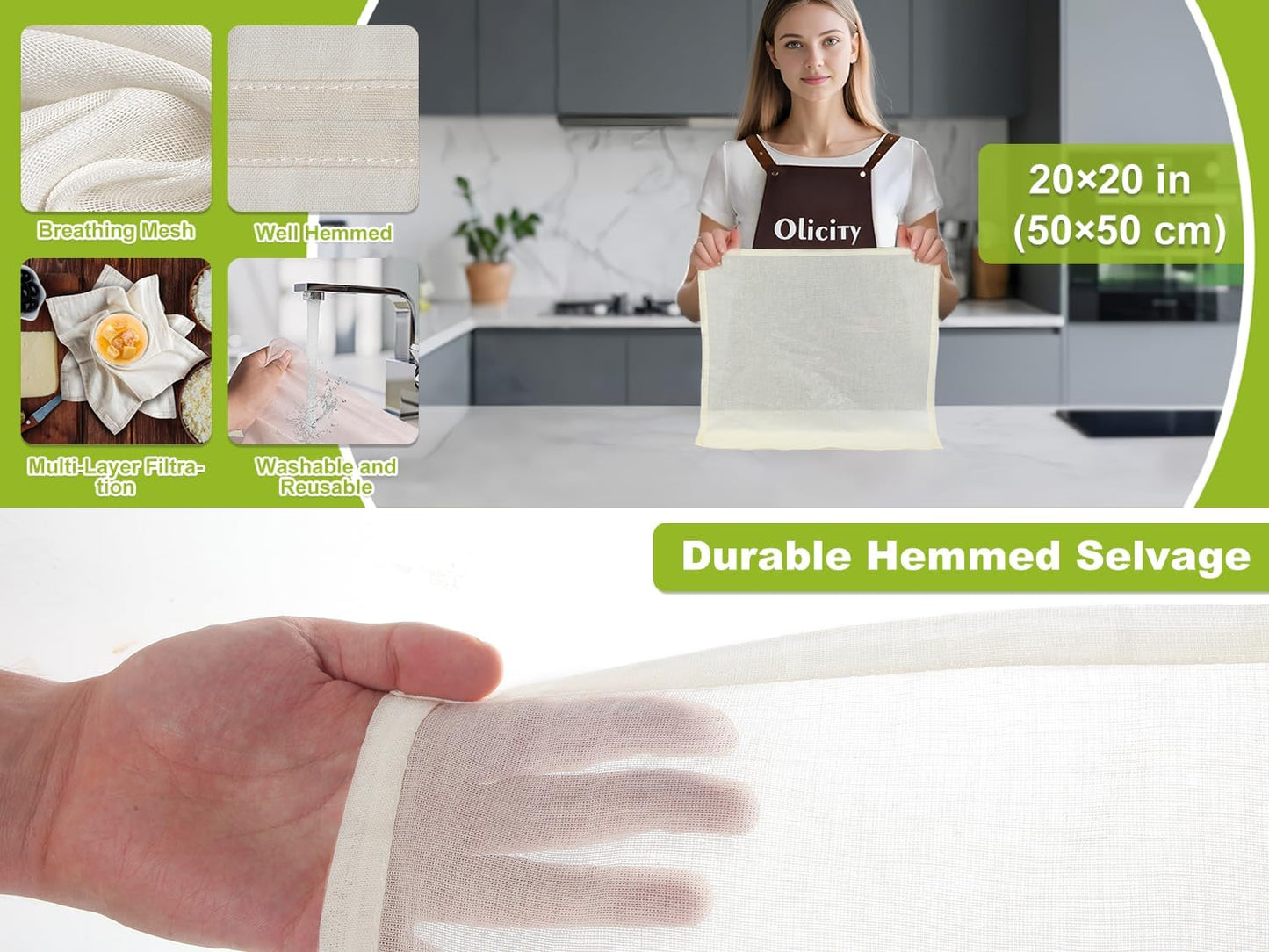 Olicity Cheesecloth - Grade 100 Reusable Muslin Cloths for Cooking & Straining | 20x20 Inch, 100% Unbleached - 2 Pack