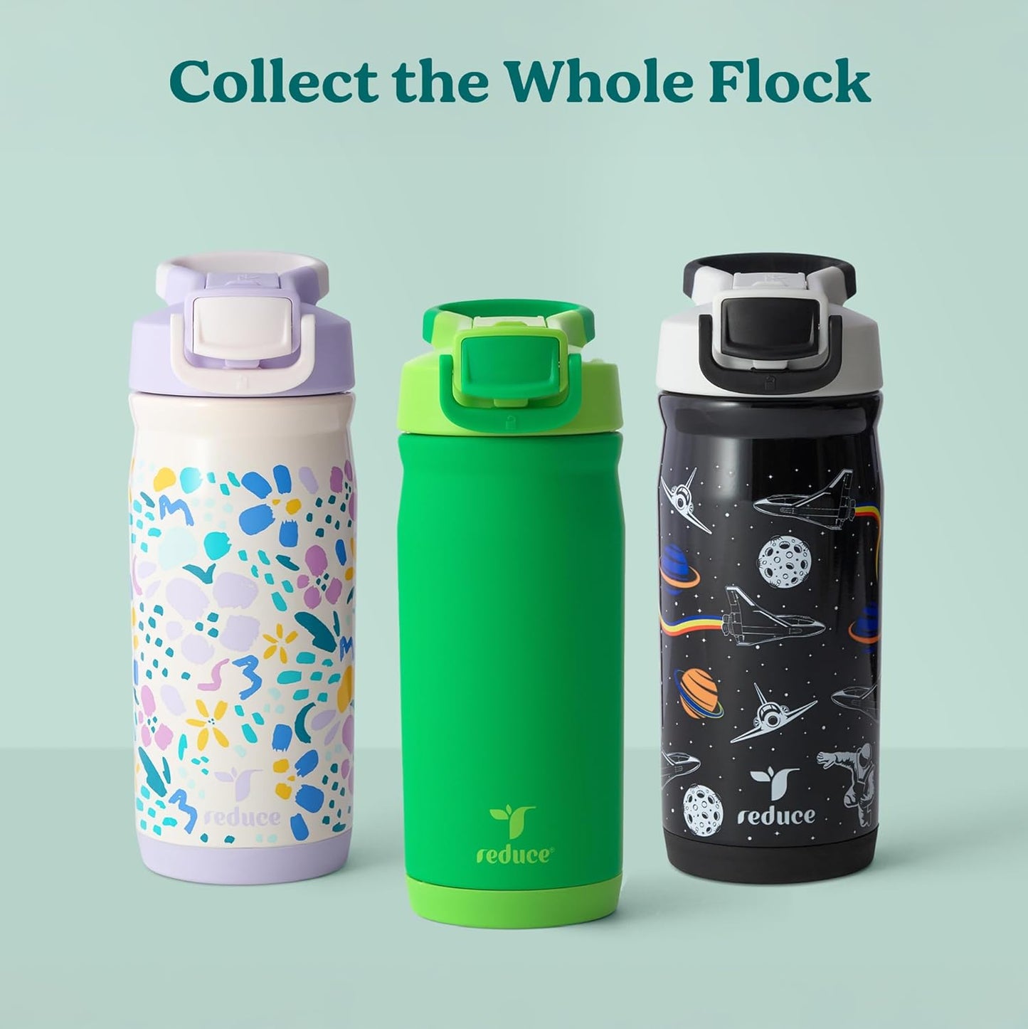 Reduce Hydrate Pro Kids 14oz Stainless Steel Water Bottle - Spill Proof Tumbler with Straw | 30-Hour Cold Retention - Jurassic Space Design