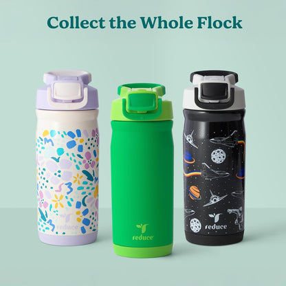 Reduce Hydrate Pro Kids 14oz Stainless Steel Water Bottle - Spill Proof Tumbler with Straw | 30-Hour Cold Retention - Jurassic Space Design