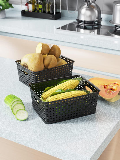 WYT 12-Pack Black Plastic Weave Storage Baskets - Perfect for Organizing Small Spaces