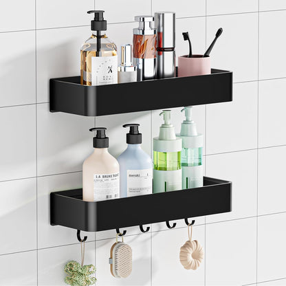 Wisfame Shower Caddy - No Drill Rustproof Bathroom Shelf | Large Capacity Aluminum Organizer with 5 Hooks - Black