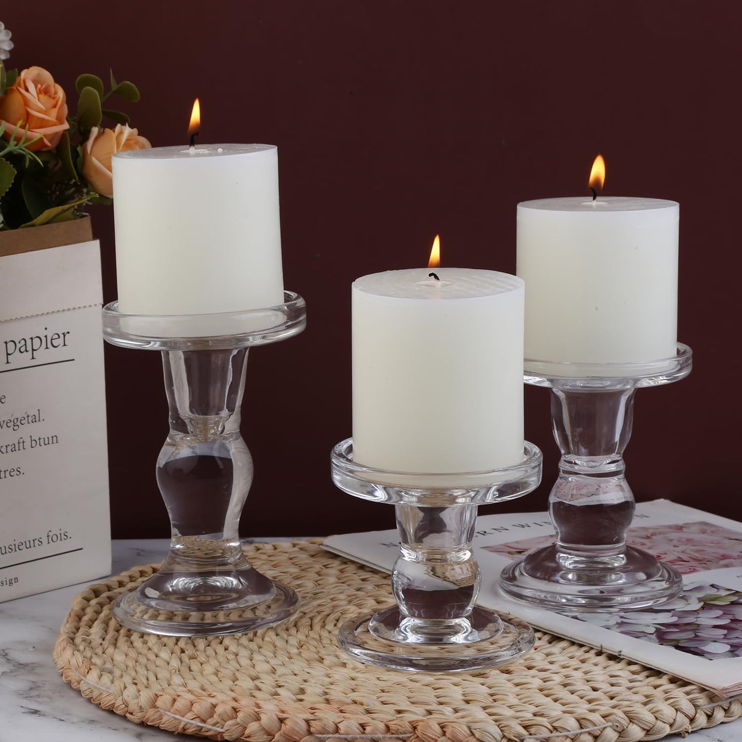 Skiennix 6-Piece Glass Candlestick Set - Elegant Crystal Candle Holders for Weddings & Decor | Clear