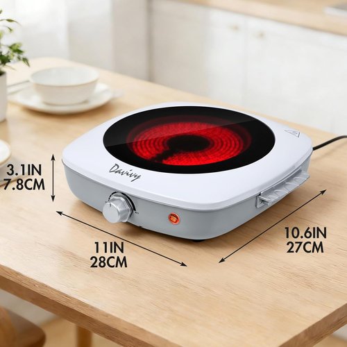 Davivy Single Burner Hot Plate - 1200W Infrared Cooker with Sturdy Handle | 7.9-Inch Ceramic Glass Cooktop, White