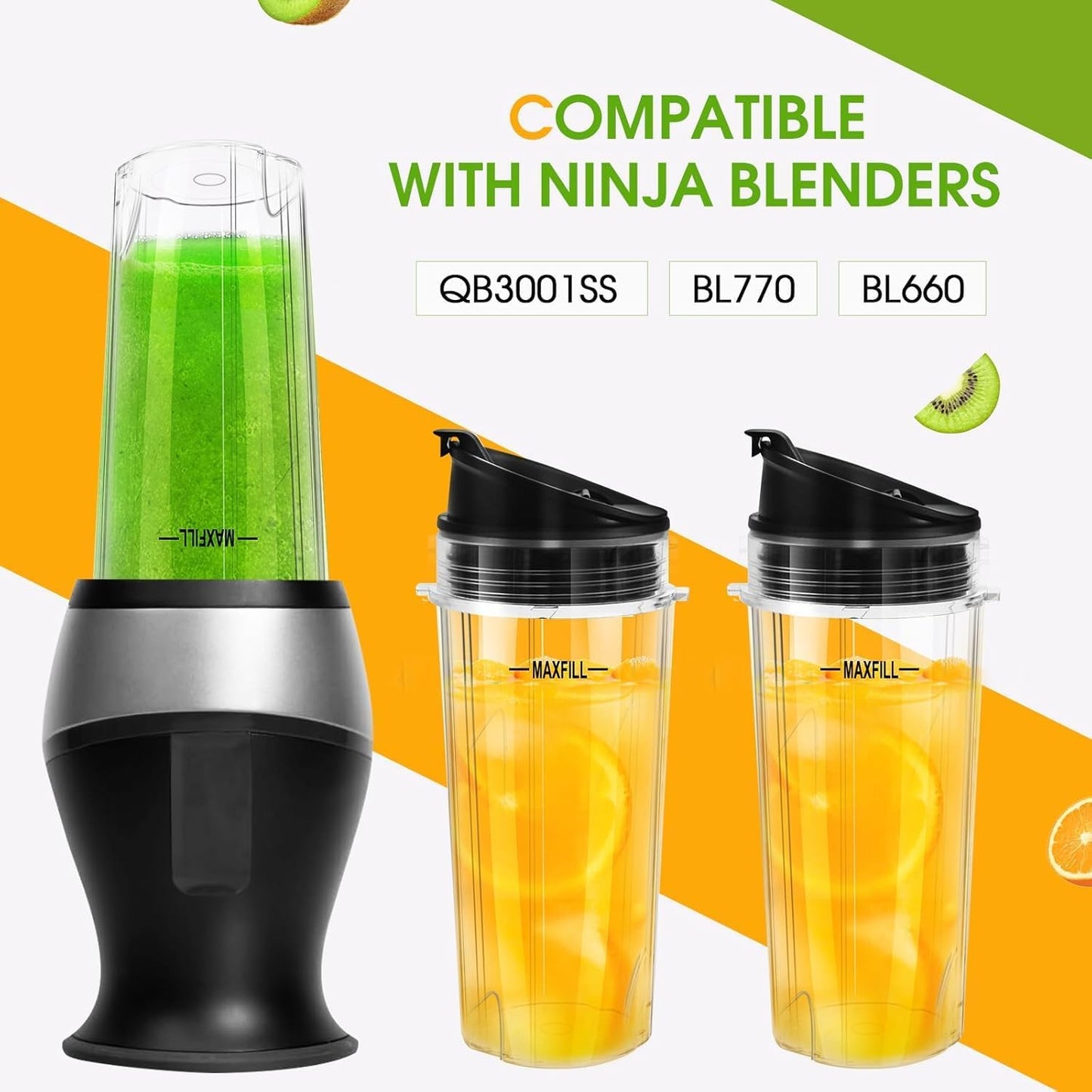 Ninja Blender Cups - 16oz Replacement Cups with Lids | 3-Pack Compatible with Ninja QB3001SS, BL770, BL780, BL660, BL740, BL810