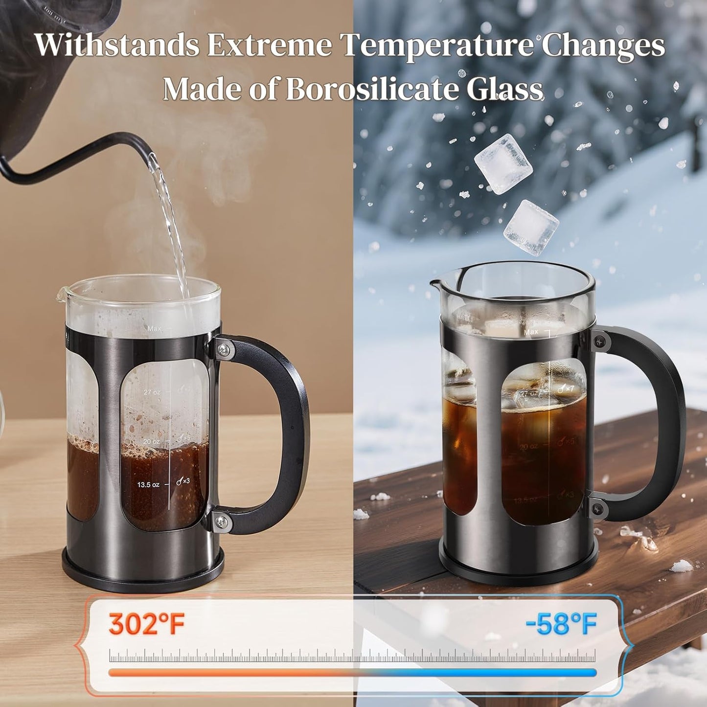 Veken 34oz Dark Pewter French Press | 22oz Black Coffee Canister Set for Perfect Brews