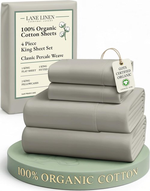LANE LINEN 100% Organic Cotton King Sheet Set - Soft & Comfy Eco-Friendly Bedding | 4-Piece Silver Set, 15" Deep Pocket