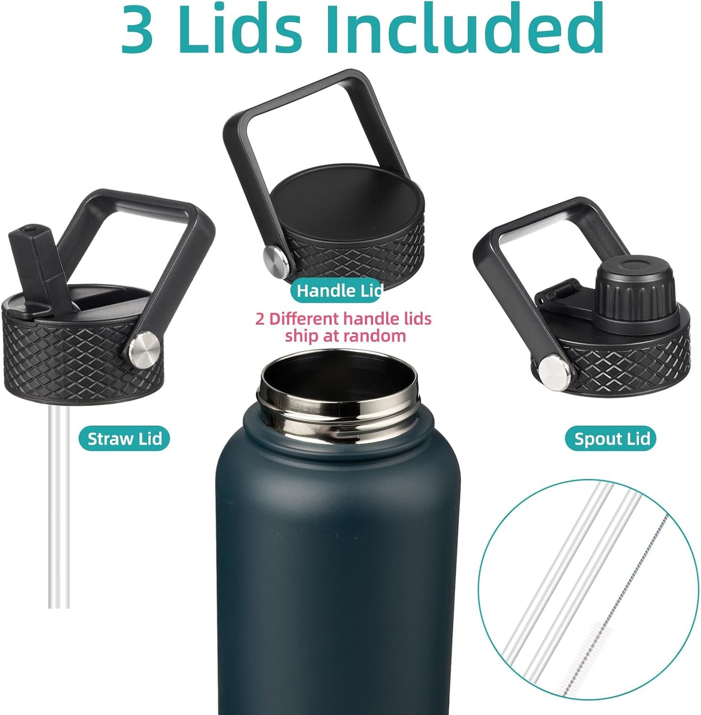 Skiennix 40oz Insulated Stainless Steel Water Bottle - Durable Sport Bottle with 3 Lids | Navy Blue