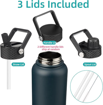 Skiennix 40oz Insulated Stainless Steel Water Bottle - Durable Sport Bottle with 3 Lids | Navy Blue