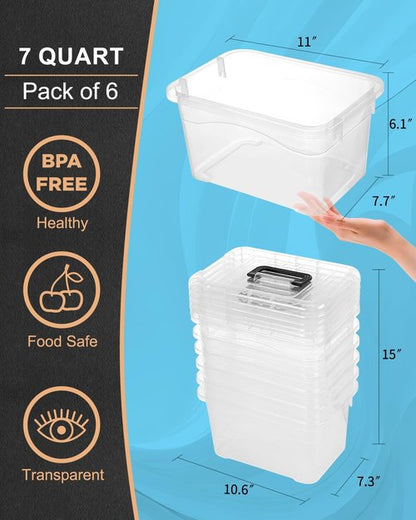 EOENVIVS Plastic Storage Bins - Stackable 7 Quart Organizer with Black Buckle Lids | 6 Pack Clear Bins for Home & Office